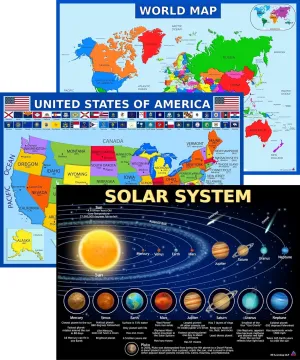 World Map, United States Map, and Solar System Poster with Extra Features – Laminated 14x19.5 in – Educational Posters, Classroom Decorations, Teachers Supplies, Virtual Learning for Kids, Homeschool Decor