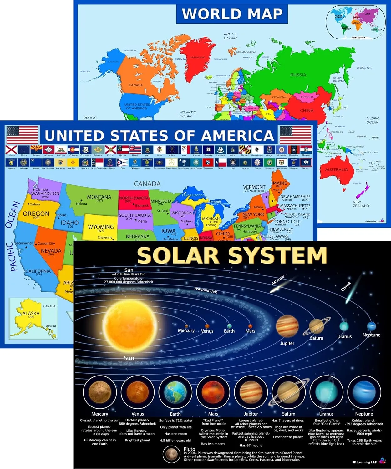 World Map, United States Map, and Solar System Poster with Extra Features – Laminated 14x19.5 in – Educational Posters, Classroom Decorations, Teachers Supplies, Virtual Learning for Kids, Homeschool Decor