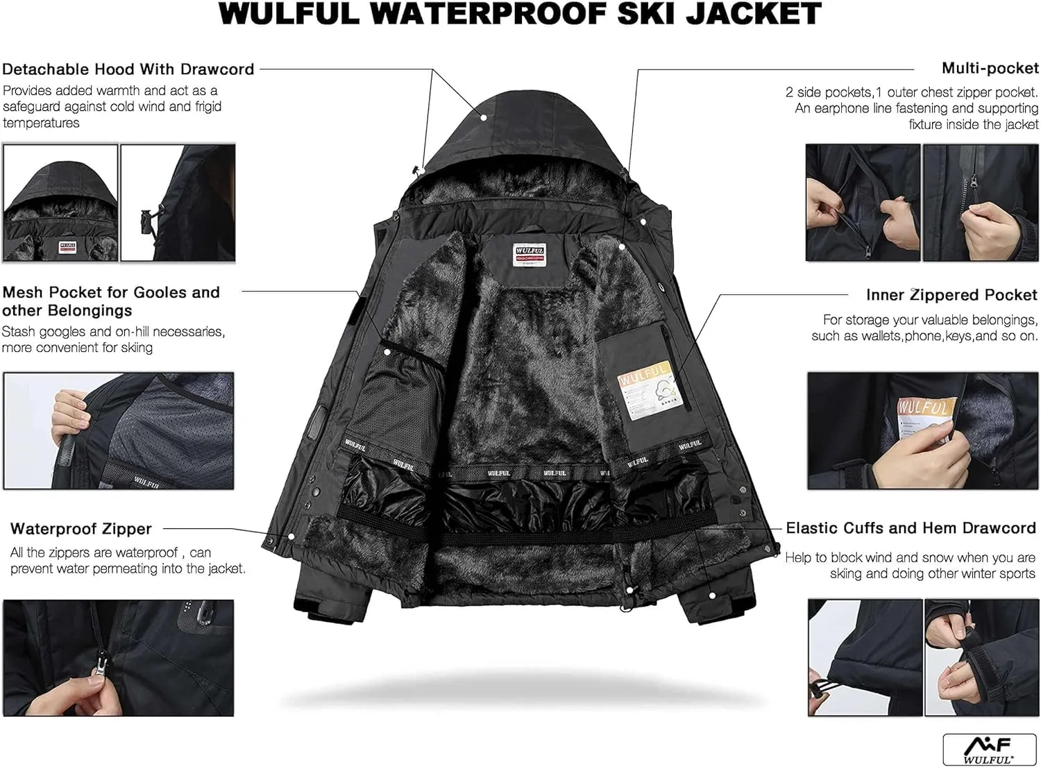 WULFUL Men's Waterproof Ski Jacket Warm Winter Snow Coat Mountain Windbreaker