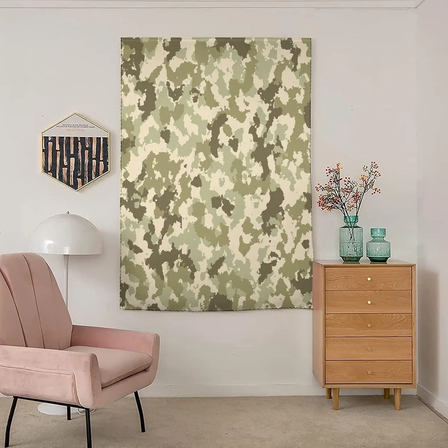 XISUNYA Self Adhesive Portable Blackout Curtains, Camo Room Darkening Curtains, Old Fashioned Camouflage Pattern Classical Jungle Survival Theme Print Bedroom Blackout Curtains,35W x63L Inch