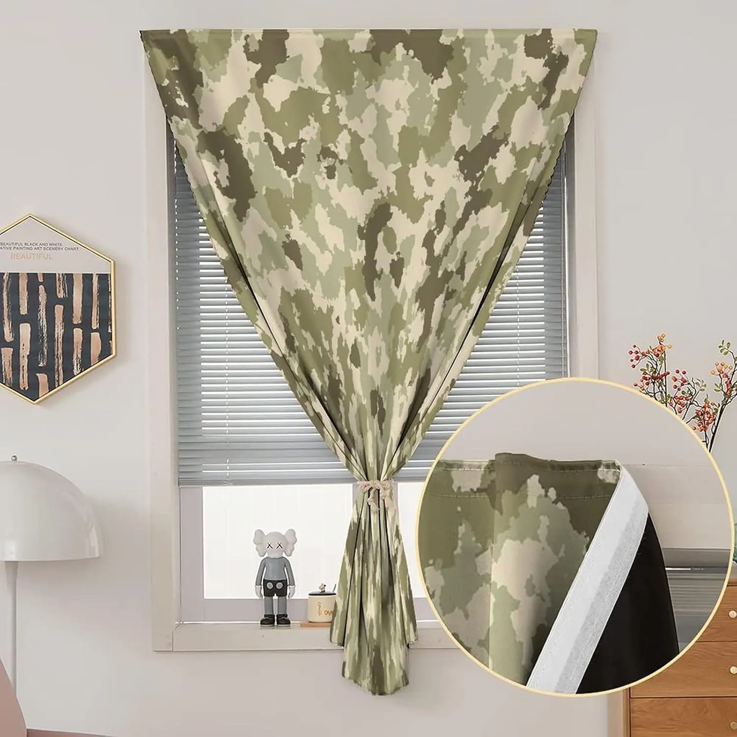XISUNYA Self Adhesive Portable Blackout Curtains, Camo Room Darkening Curtains, Old Fashioned Camouflage Pattern Classical Jungle Survival Theme Print Bedroom Blackout Curtains,35W x63L Inch