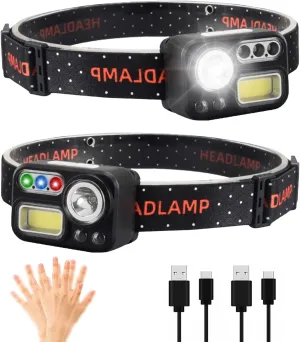 XLENTGEN Headlamp Rechargeable 4 Colors in 1 LED Headlamp 500 Lumens Super Bright Motion Sensor Head Lamp, 2-Pack 8 Modes White Red Blue Green Light Headlight for Camping Fishing Cycling Hunting