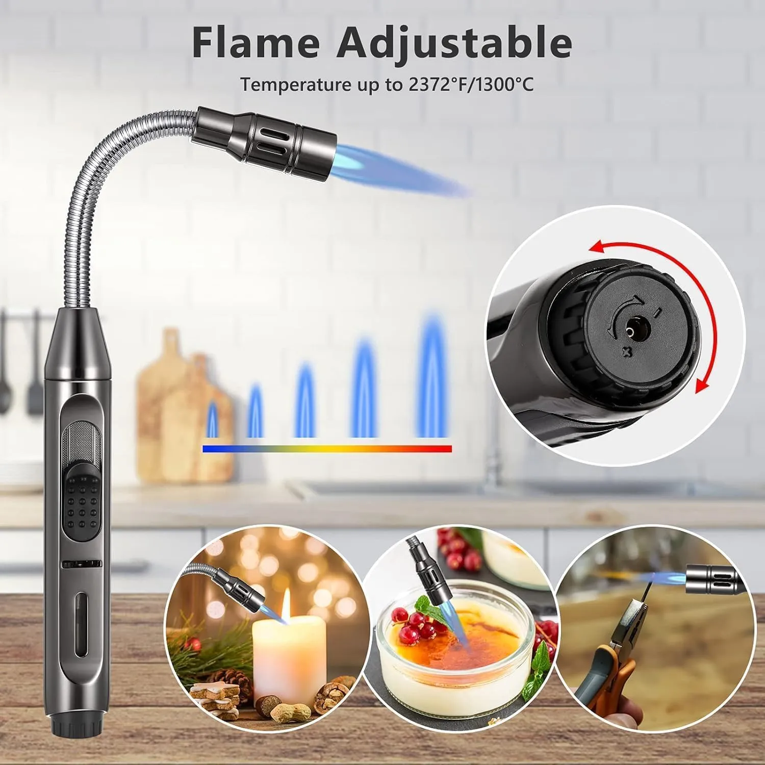 Y17 360° Flexible Gas Lighter with Locking Device Storm Jet Flame Lighter for Fireplace, Kitchen, Candles, BBQ, Oven, Campfire (Not Prefilled)