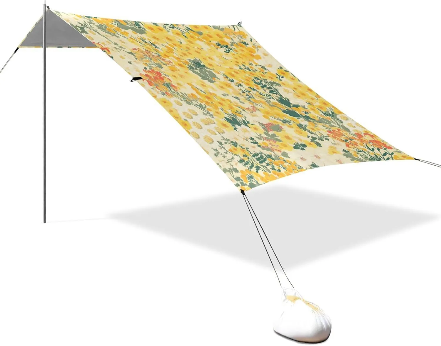 Yellow Little Flowers Foldable Beach Tent UPF50 Easy Setup Large Sun Shelter with Sandbags and Shovel for Family Trips, Picnics & Camping