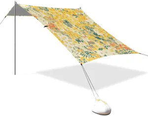 Yellow Little Flowers Foldable Beach Tent UPF50 Easy Setup Large Sun Shelter with Sandbags and Shovel for Family Trips, Picnics & Camping