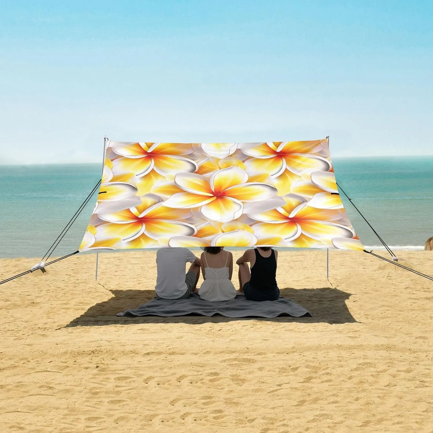 Yellow White Plumeria Flowers Beach Canopy Tent Outdoor Patio Sun Shade Shades Camping Sun Shelter 9.2 × 10.5 FT Waterproof with Poles Sand Anchor