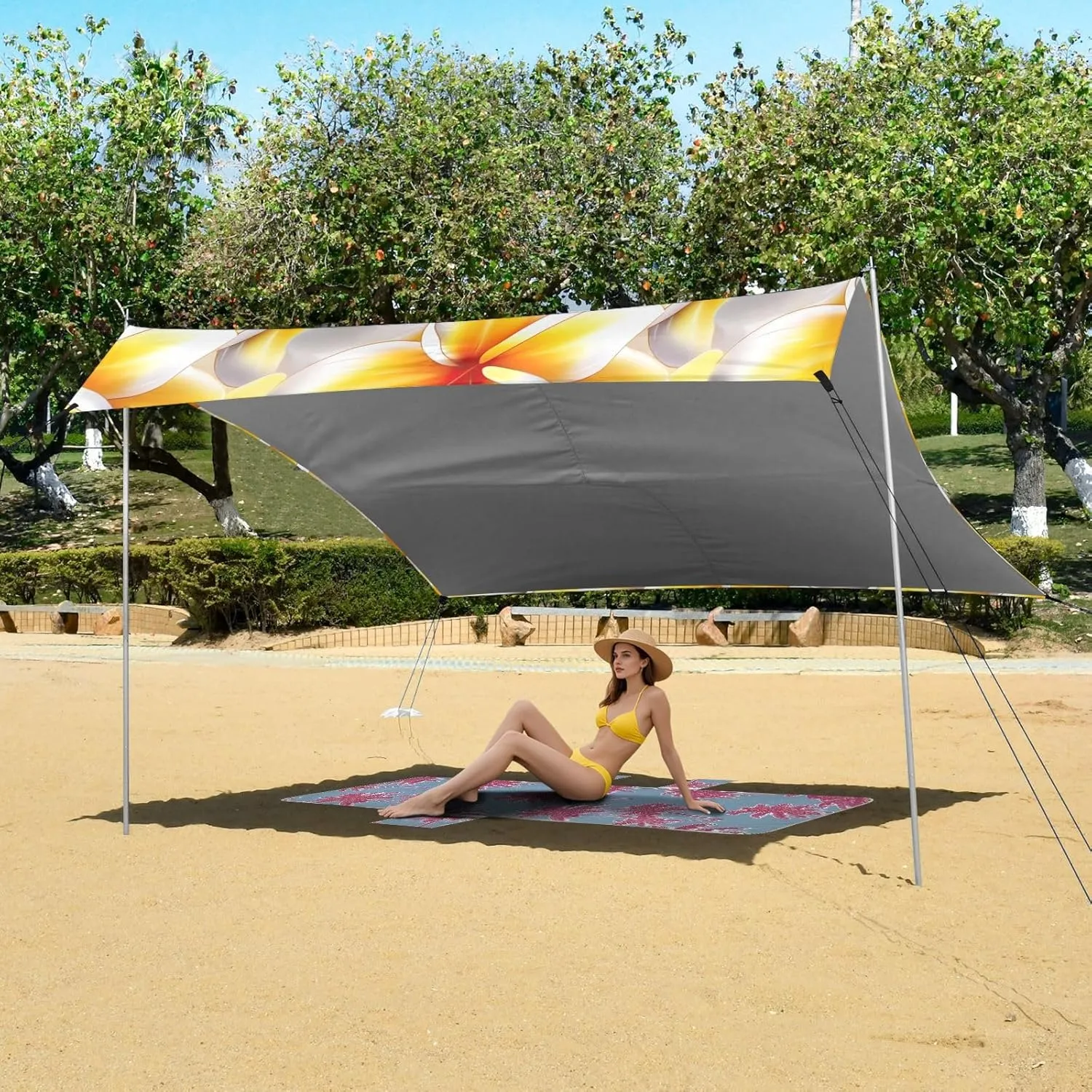 Yellow White Plumeria Flowers Beach Canopy Tent Outdoor Patio Sun Shade Shades Camping Sun Shelter 9.2 × 10.5 FT Waterproof with Poles Sand Anchor