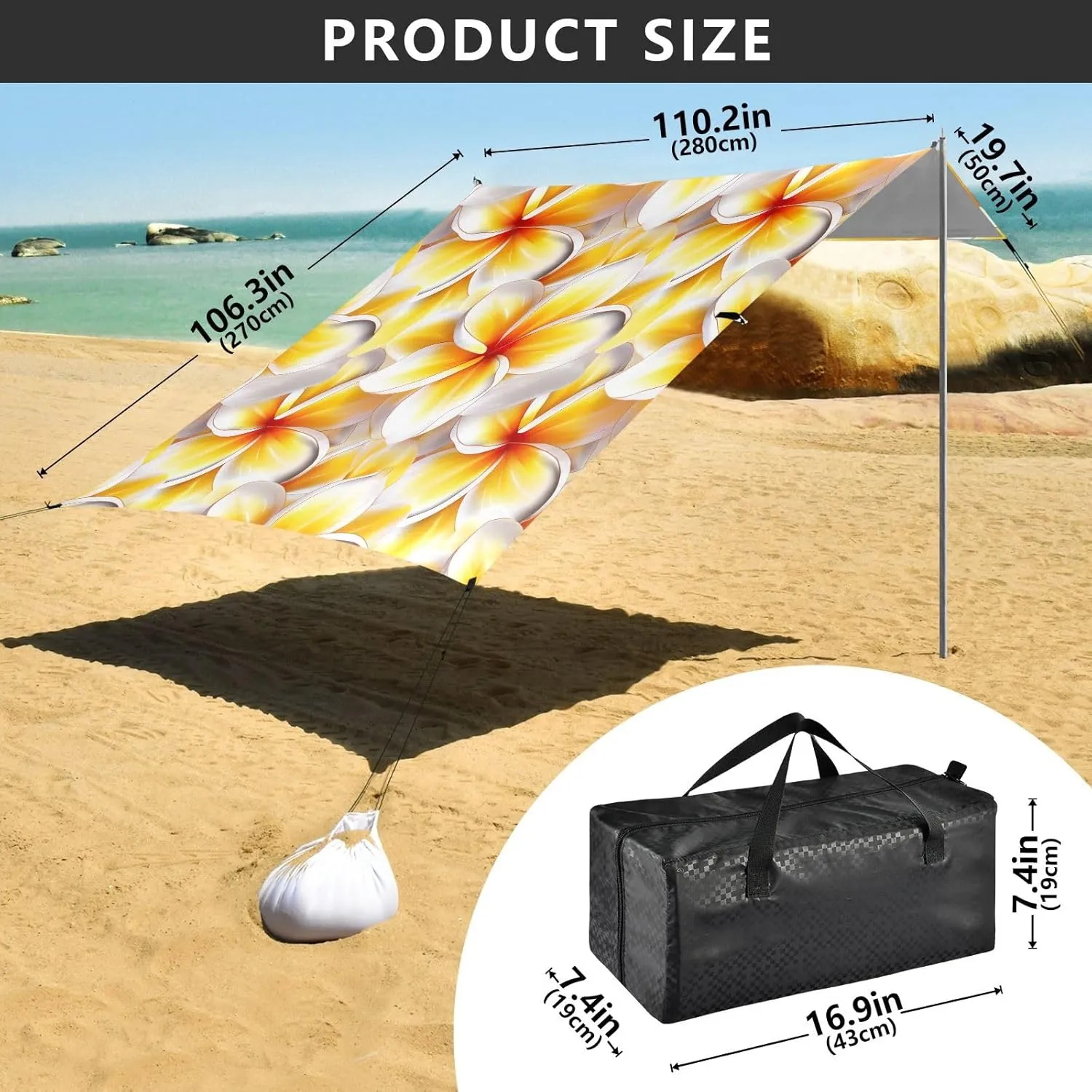 Yellow White Plumeria Flowers Beach Canopy Tent Outdoor Patio Sun Shade Shades Camping Sun Shelter 9.2 × 10.5 FT Waterproof with Poles Sand Anchor