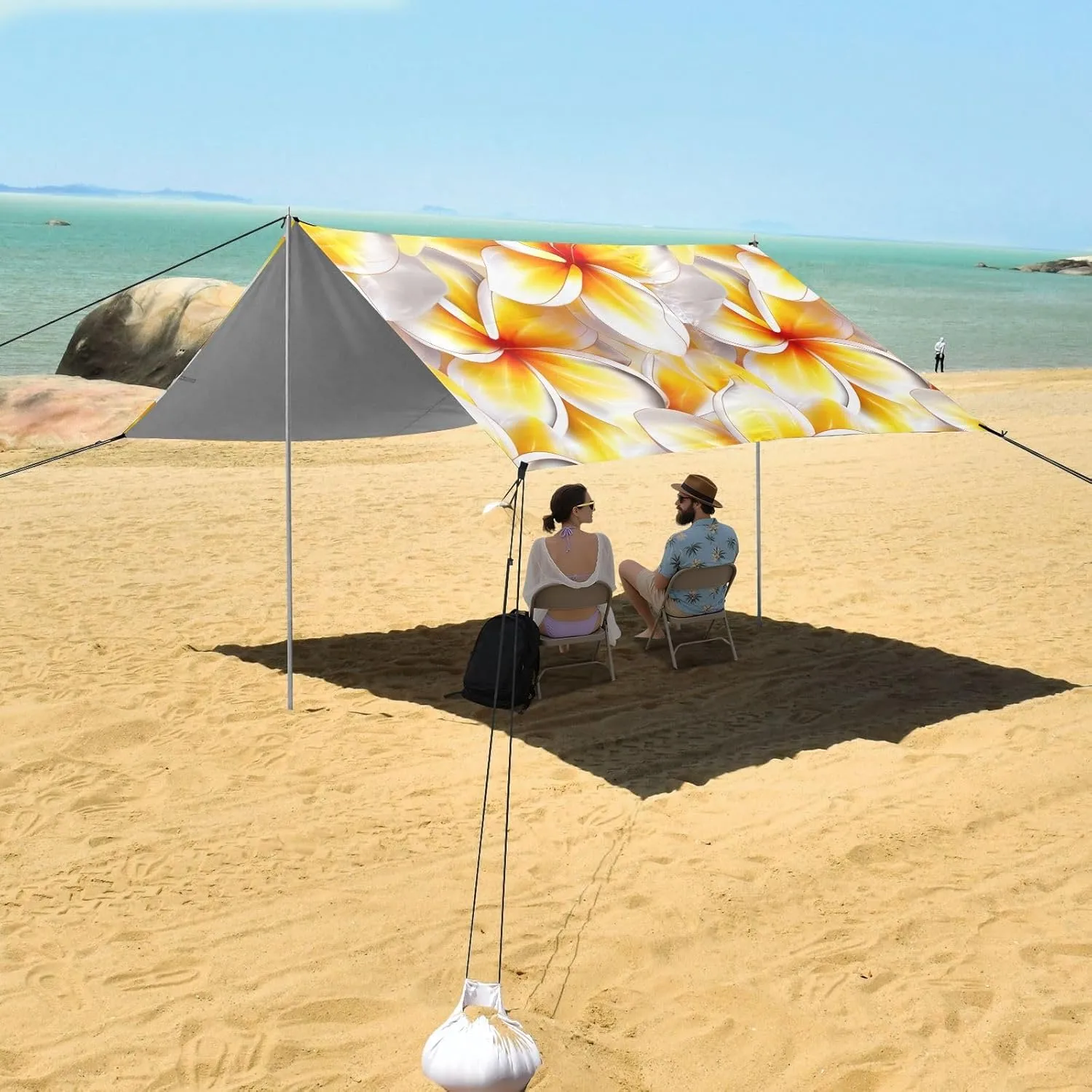 Yellow White Plumeria Flowers Beach Canopy Tent Outdoor Patio Sun Shade Shades Camping Sun Shelter 9.2 × 10.5 FT Waterproof with Poles Sand Anchor