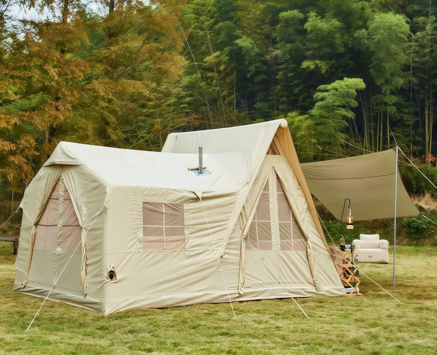 YOLENY Inflatable Tents for Camping, 4/6/8/10/12 Person Tent with TPU Skylight, Mesh Windows, Stove Jack & Pump, Easy Setup 4 Season Glamping Tent, Waterproof & Windproof
