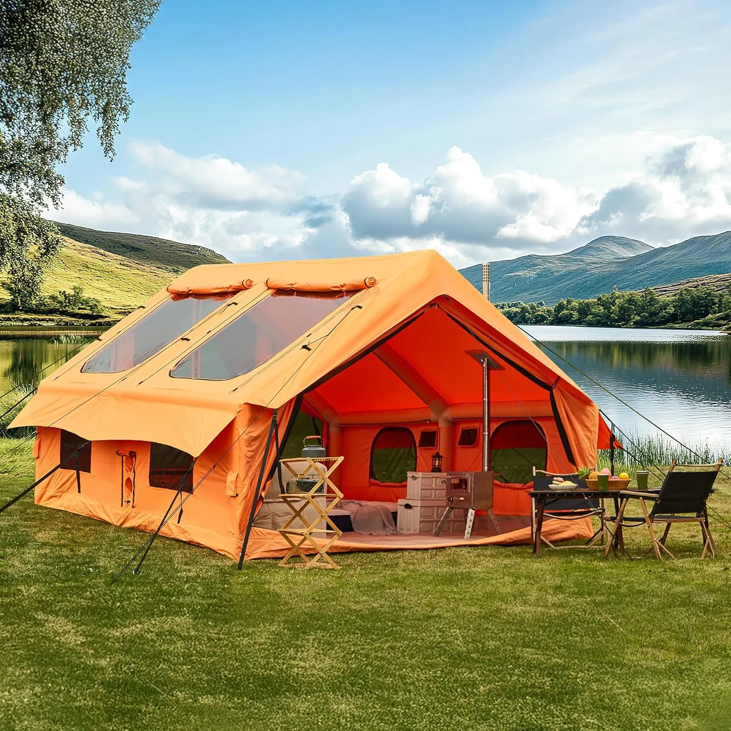 YOLENY Inflatable Tents for Camping, 4/6/8/10/12 Person Tent with TPU Skylight, Mesh Windows, Stove Jack & Pump, Easy Setup 4 Season Glamping Tent, Waterproof & Windproof