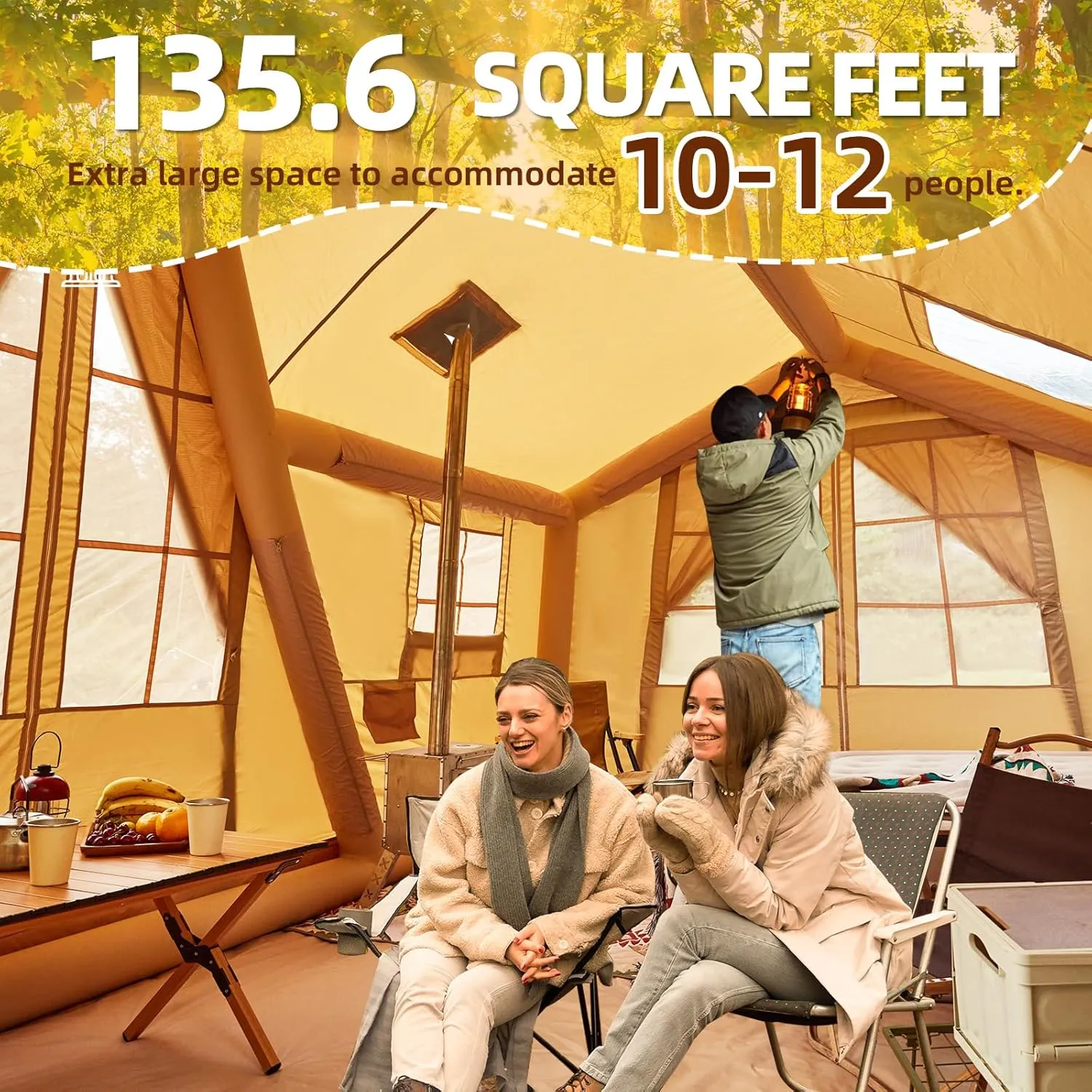 YOLENY Inflatable Tents for Camping, 4/6/8/10/12 Person Tent with TPU Skylight, Mesh Windows, Stove Jack & Pump, Easy Setup 4 Season Glamping Tent, Waterproof & Windproof