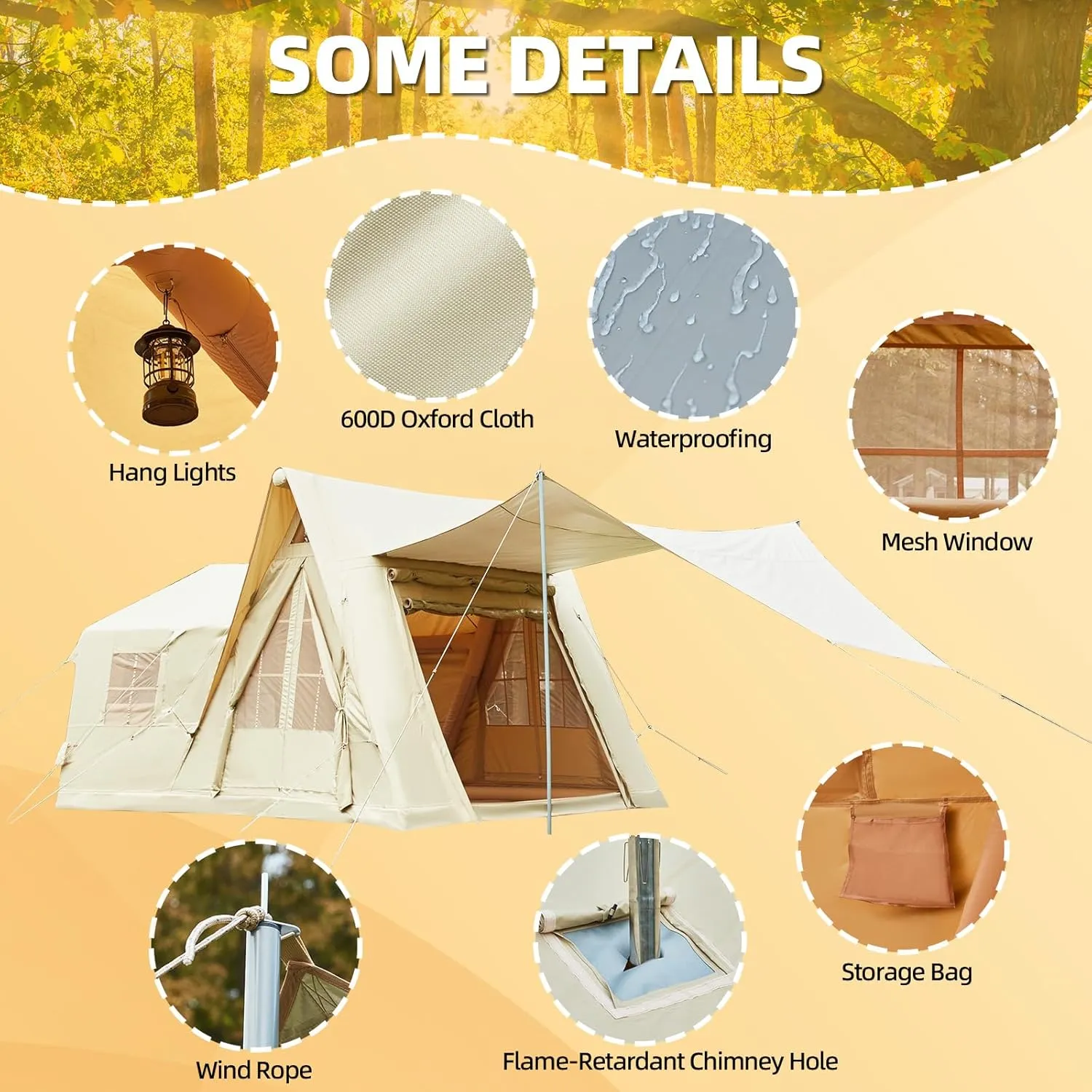 YOLENY Inflatable Tents for Camping, 4/6/8/10/12 Person Tent with TPU Skylight, Mesh Windows, Stove Jack & Pump, Easy Setup 4 Season Glamping Tent, Waterproof & Windproof