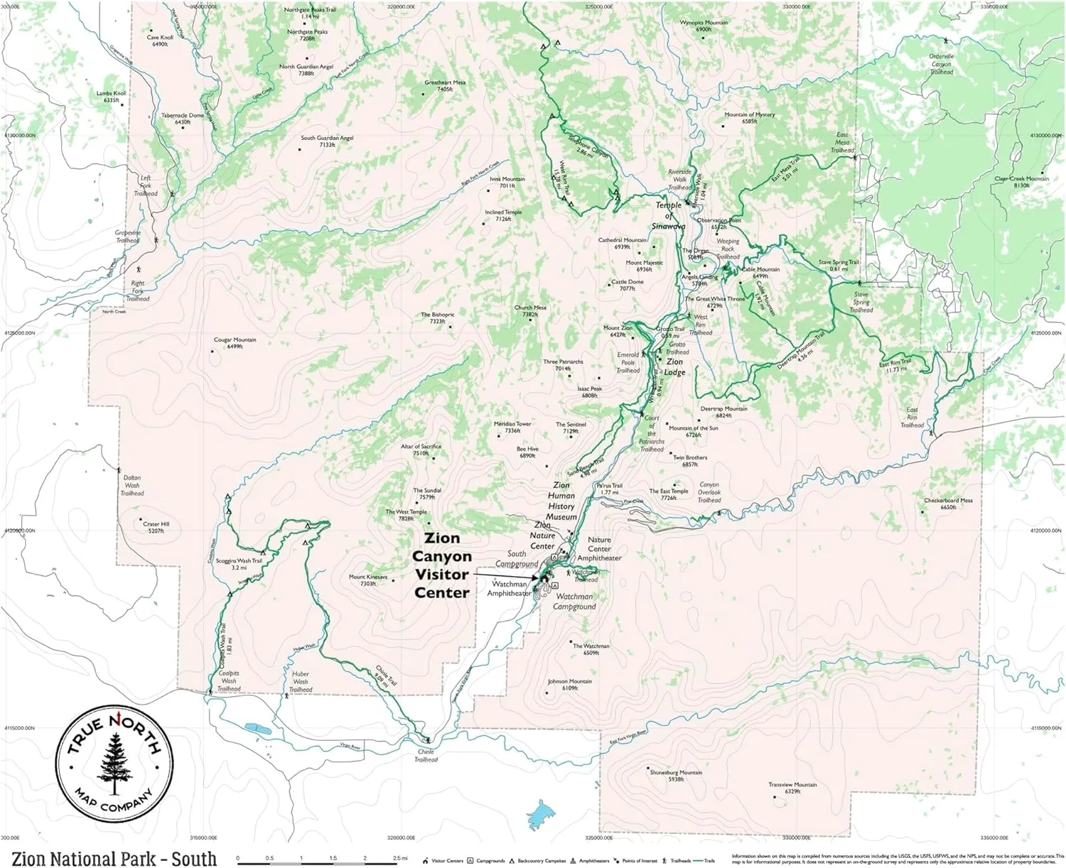 Zion National Park Map - South – Waterproof, Durable Cloth Map for Hiking and Camping by True North Map Company