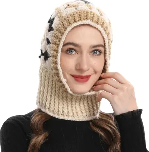 ZLYC Winter Knitted Winter Hat Windproof Hooded Scarf Balaclava Beanie Hat for Women