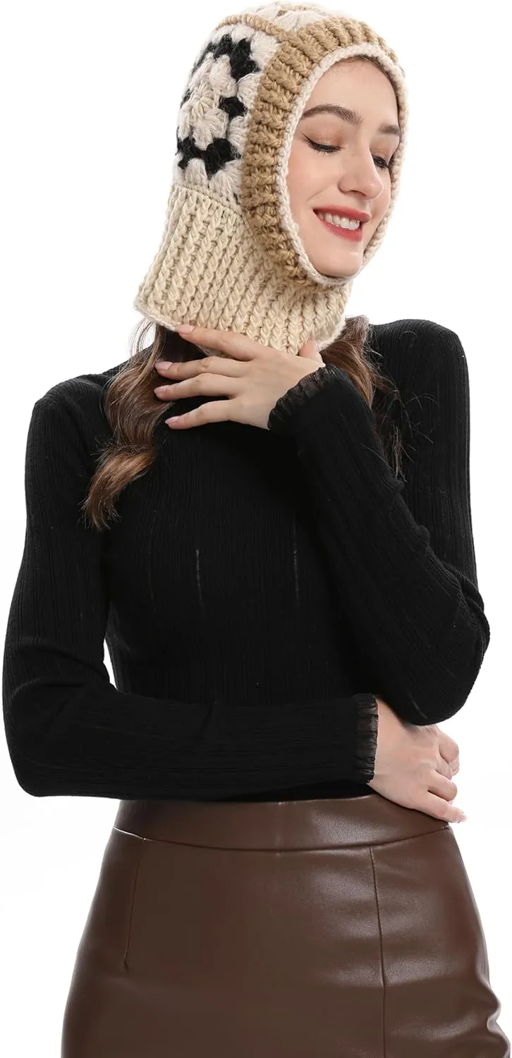 ZLYC Winter Knitted Winter Hat Windproof Hooded Scarf Balaclava Beanie Hat for Women