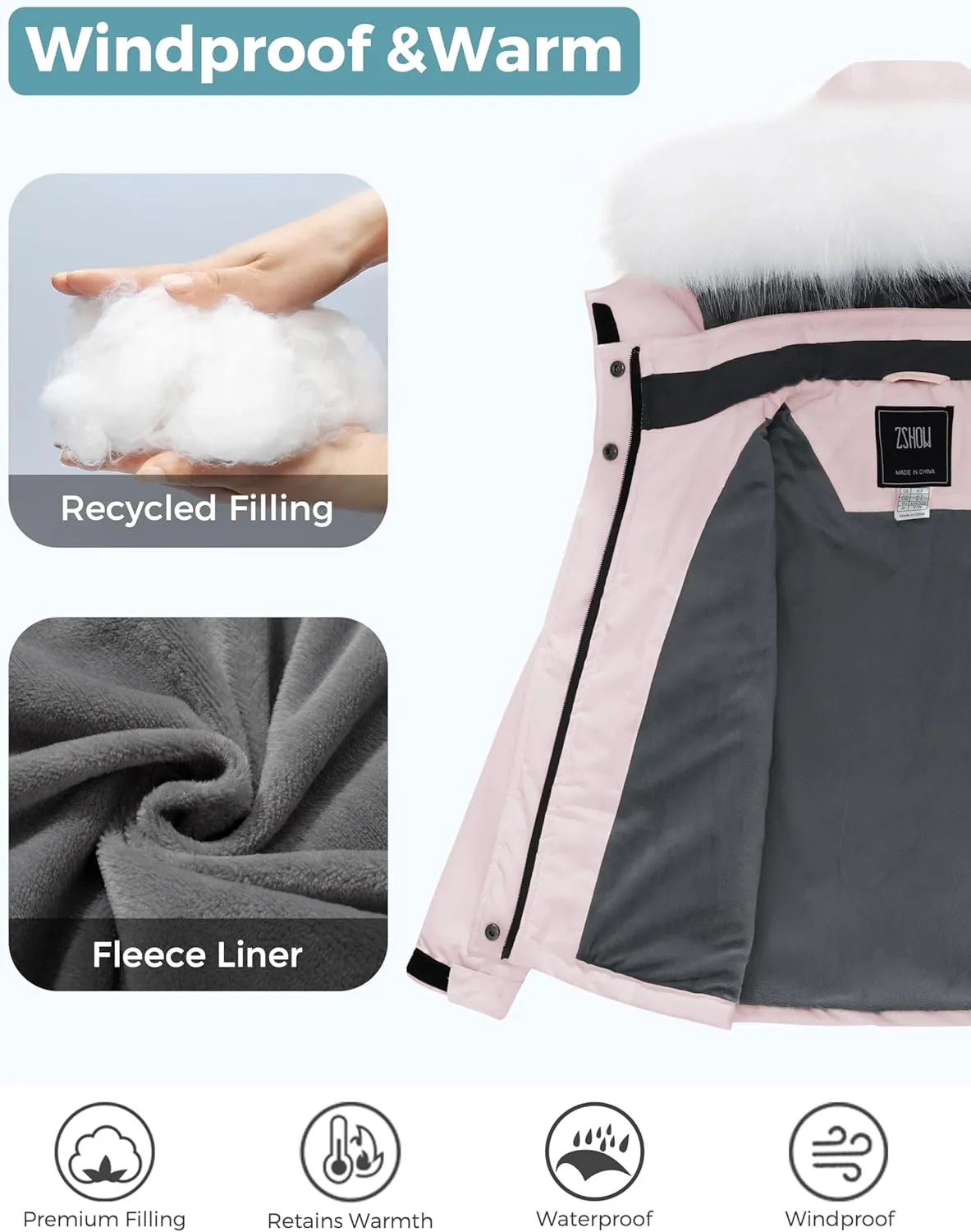 ZSHOW Girls' Ski Jacket Waterproof Warm Winter Coat Fleece Hooded Raincoat with Detachable Hood